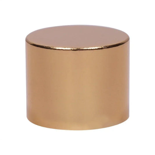 Gold cylindrical cosmetic packaging cap for 18mm dropper bottle.