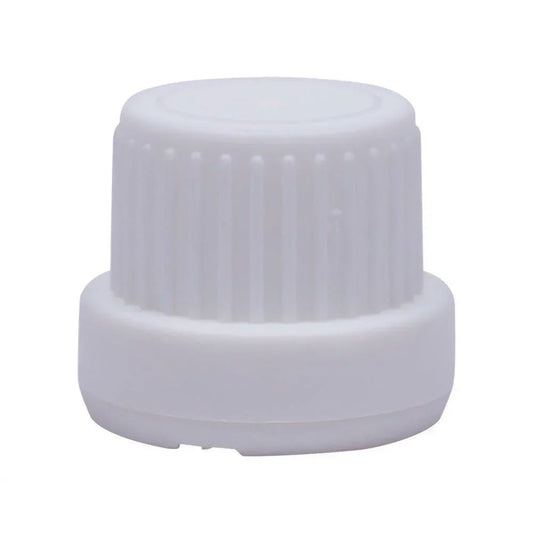 White 18mm euro dropper cap for cosmetic glass bottles, ribbed plastic design