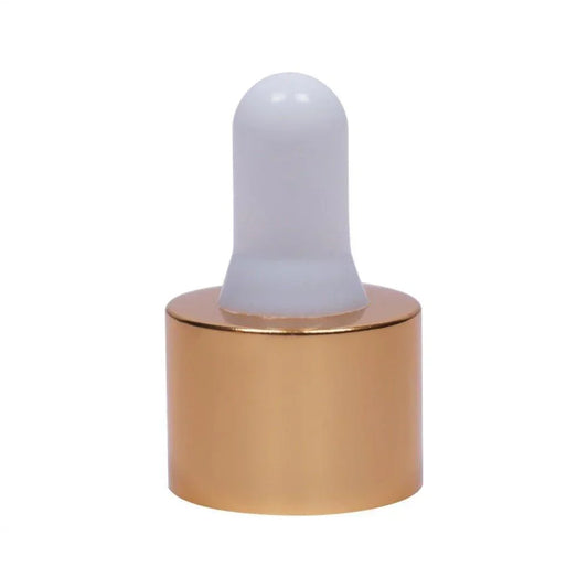 18mm cosmetic glass dropper cap with gold finish and white rubber top for bottle packaging