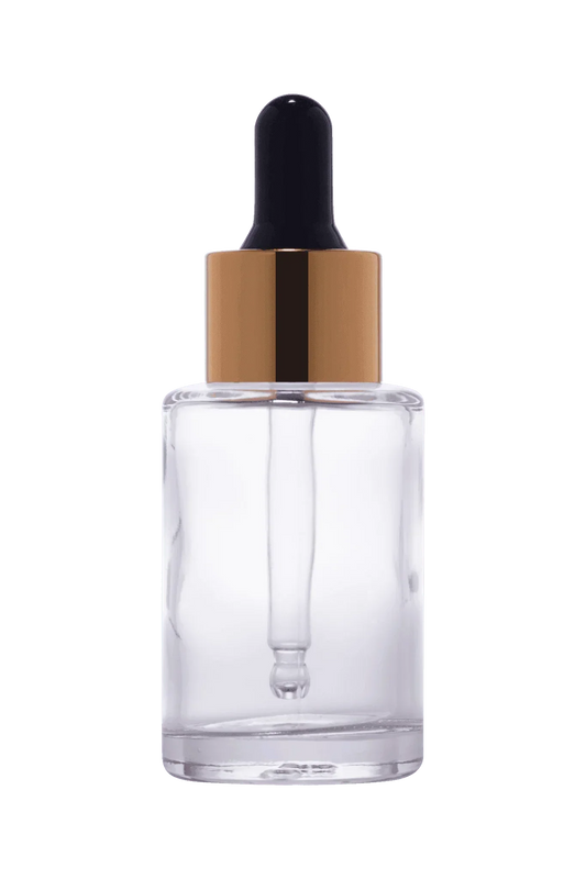 30ml clear glass dropper bottle with gold cap for cosmetic packaging