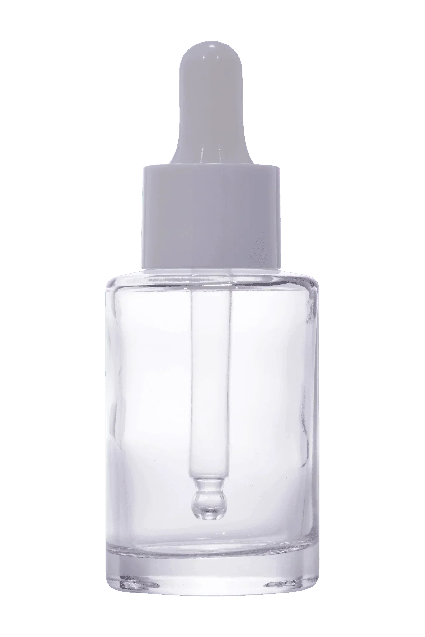 30ml clear round glass dropper bottle with flat neck for cosmetic packaging