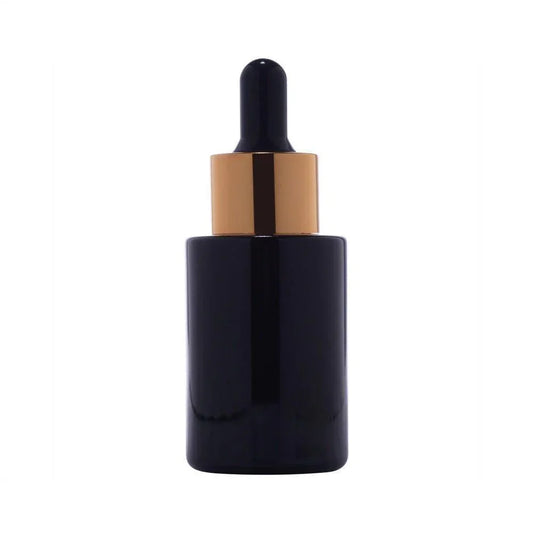 30ml flat neck round black glass dropper bottle with gold cap for cosmetic packaging