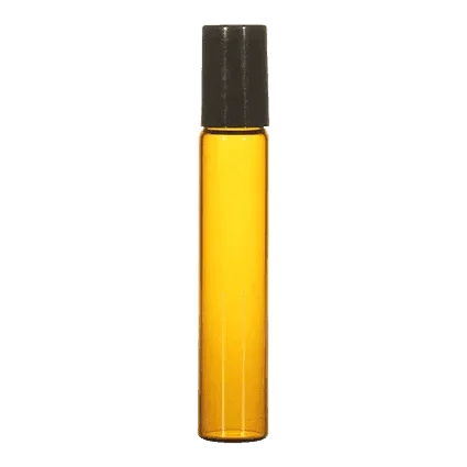 Amber borosilicate glass roll-on vial with black cap, ideal for cosmetic packaging