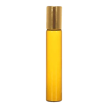 Amber borosilicate glass roll-on vial with steel ball and gold cap, empty packaging