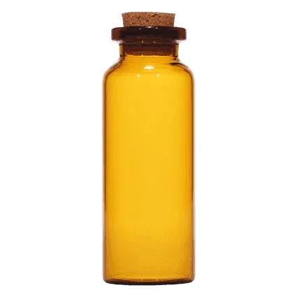 Amber borosilicate glass vial with natural cork stopper, ideal for cosmetic packaging