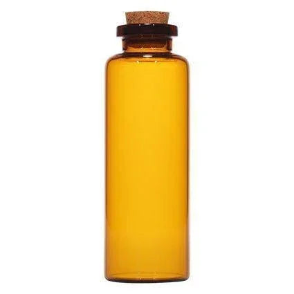 Amber borosilicate glass vial with natural cork stopper, ideal for cosmetic packaging