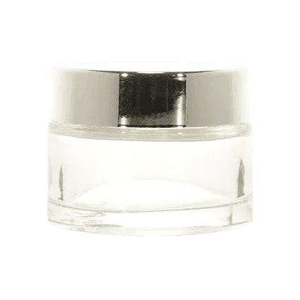 Clear glass cosmetic jar with shiny silver screw lid, ideal for skincare or cream packaging