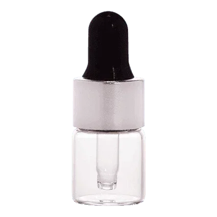 Clear glass dropper bottle with silver collar and black rubber top for cosmetic packaging
