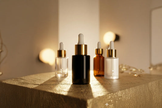 Assorted glass dropper bottles for cosmetics with gold caps on a textured surface