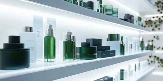 Premium glass cosmetic bottles and jars on modern white shelves, luxury packaging display