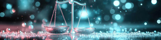 Shiny silver balance scale on glittering surface with blue and pink bokeh lights