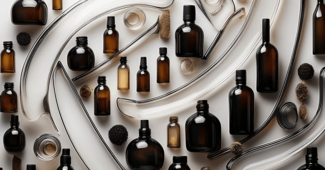 Assorted amber glass bottles for cosmetic packaging on a white background