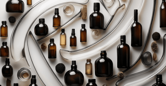 Assorted amber glass bottles for cosmetic packaging on a white background