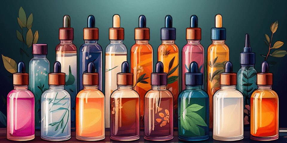 Assorted cosmetic glass dropper bottles with colorful liquids, ideal for skincare packaging.