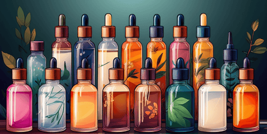 Assorted cosmetic glass dropper bottles with colorful liquids, ideal for skincare packaging.