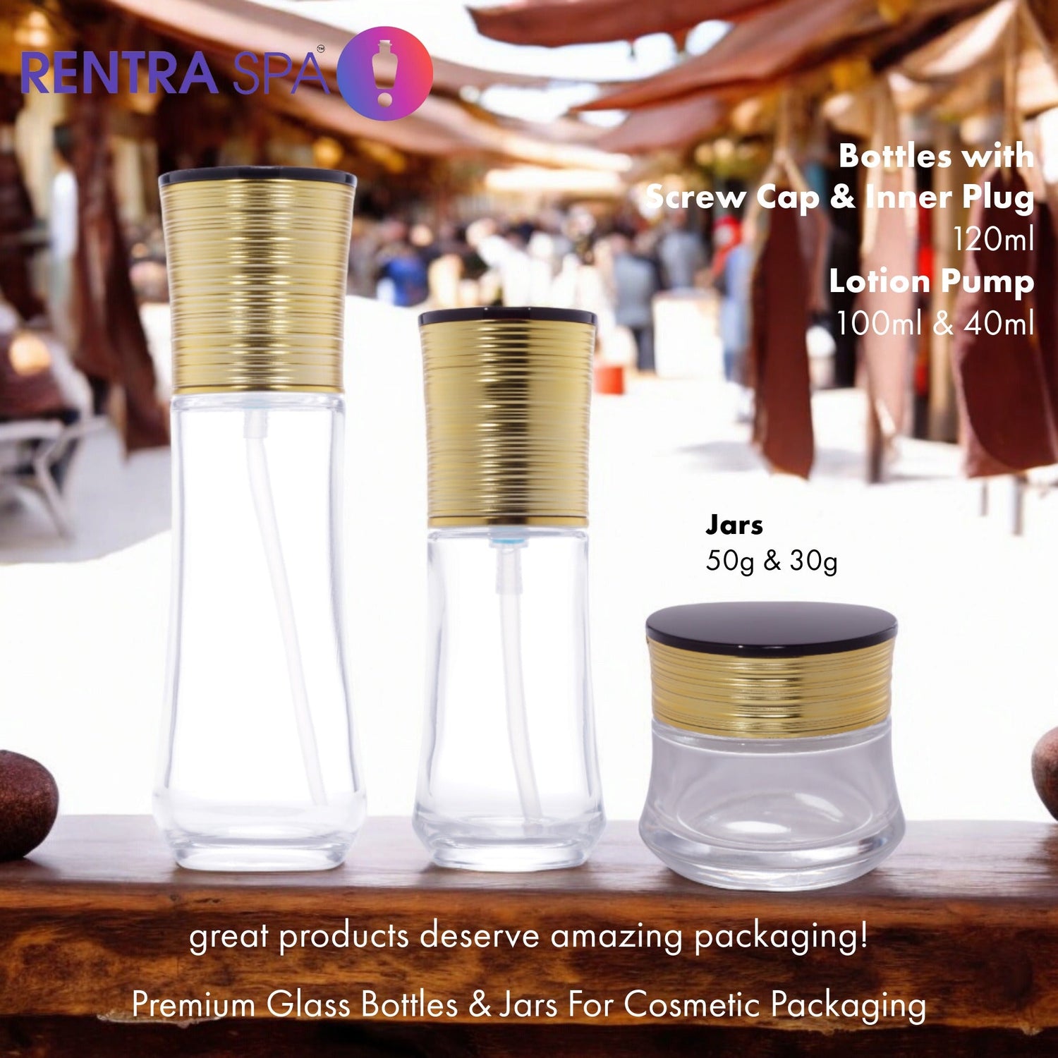 Premium Glass Bottles & Jars with Gold Ribbed Caps (C67)