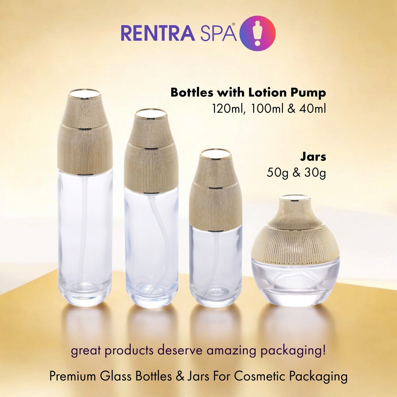 Premium Glass Bottles & Jars with Gold Ribbed Lids (C32)