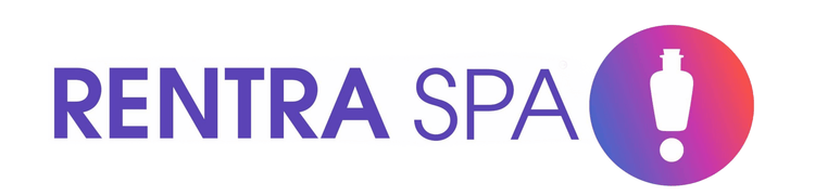 Cosmetic glass packaging logo with bold purple text and bottle icon on gradient circle