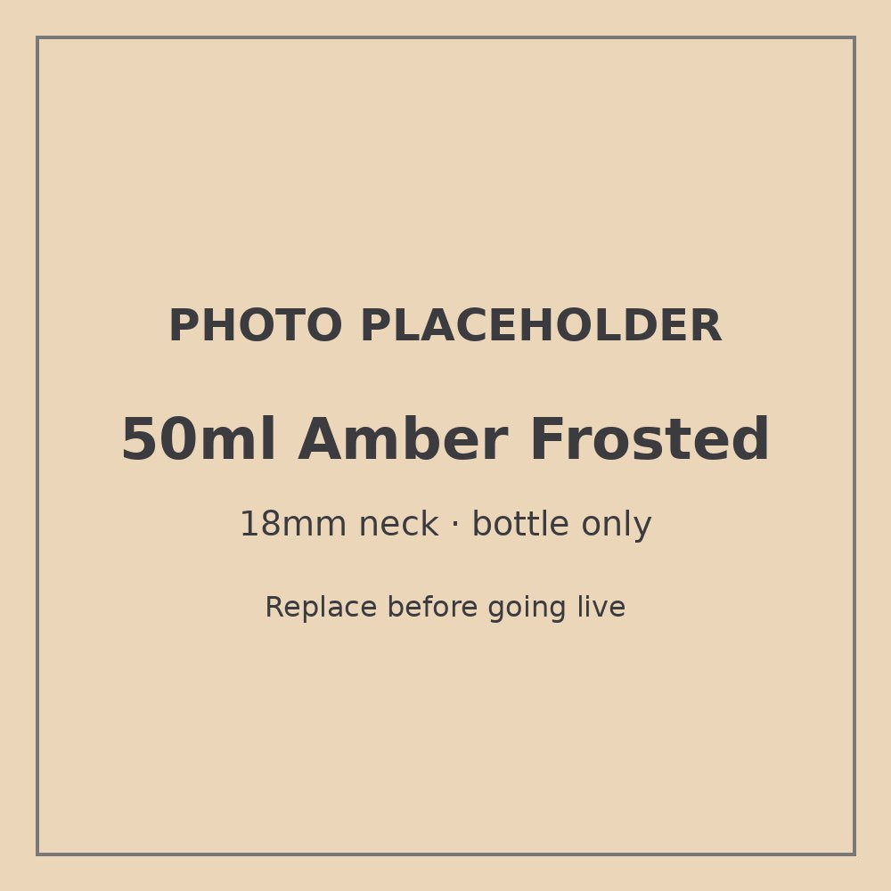 50ml frosted amber glass bottle with 18mm neck, bottle only – RENTRASPA (placeholder)