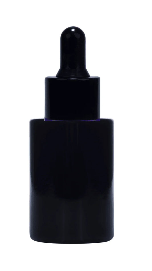 20ml black glass dropper bottle for cosmetic packaging, isolated on white background