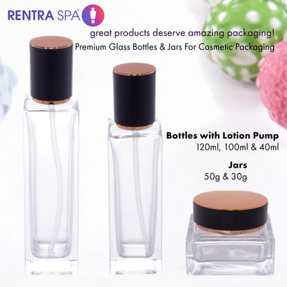 C15 - Imported Empty Premium Square Clear Glass Bottles with Fancy Double Toned Lotion Pump