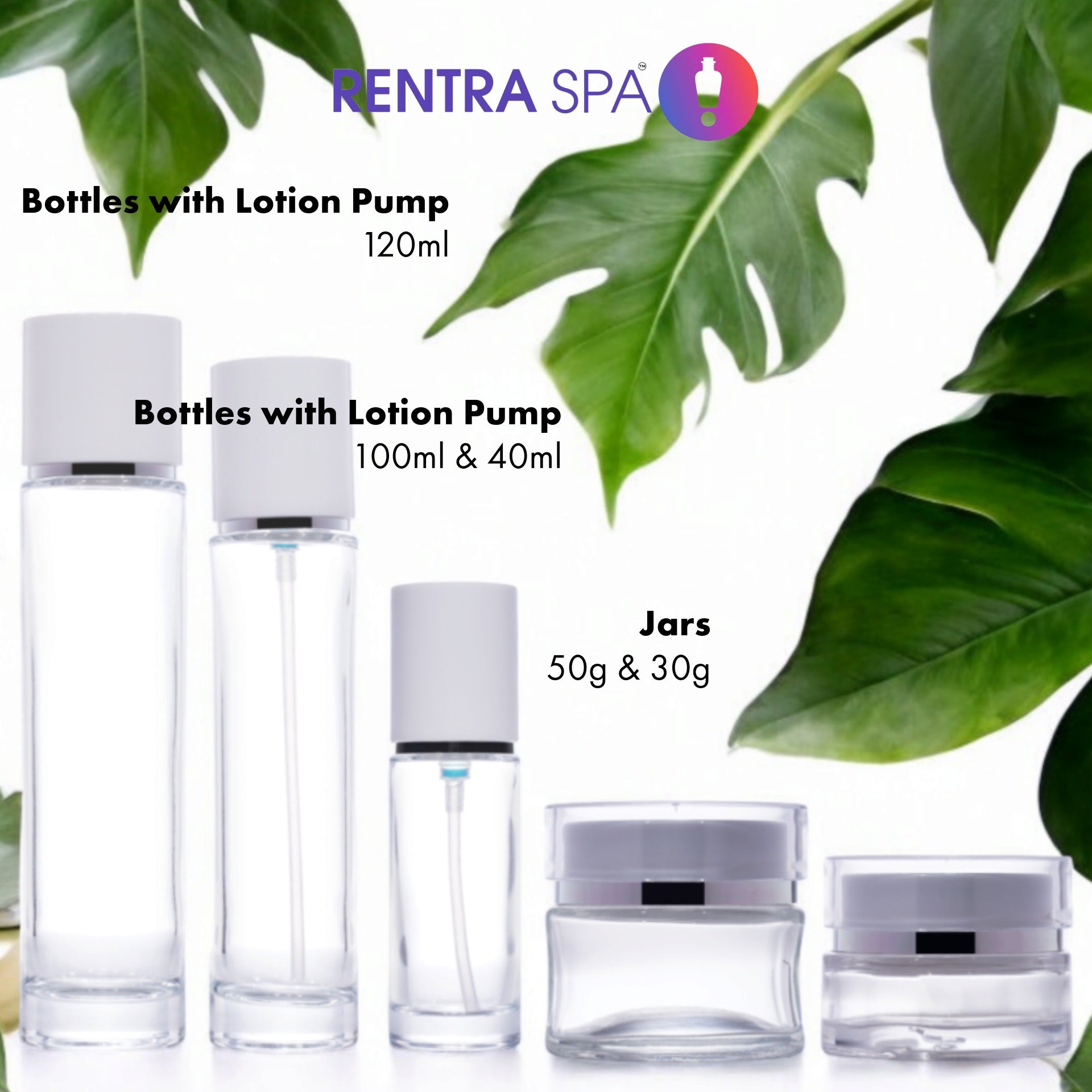 Clear cosmetic glass bottles with lotion pumps and jars in various sizes, with green leaves