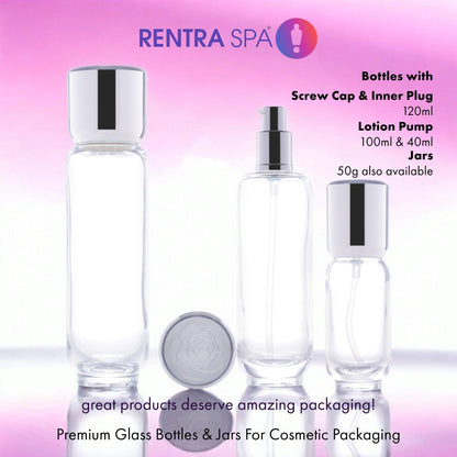 C60 - Elegant Rose Embossed Silver Lid Glass Jars - Premium Packaging for Luxury Skincare Products