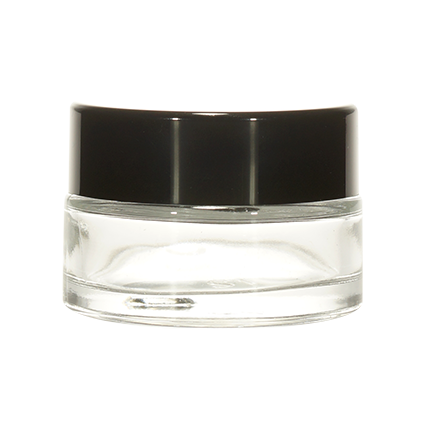 Clear cosmetic glass jar with black lid, ideal for cream or balm packaging