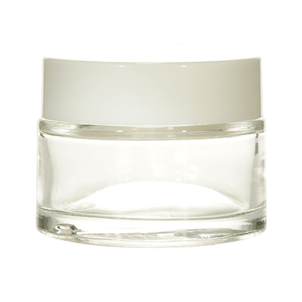 Clear glass cosmetic jar with white lid, ideal for skincare or cream packaging