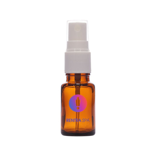 Amber glass spray bottle with white plastic atomizer, ideal for cosmetic packaging