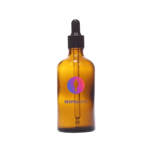Amber glass dropper bottle with black cap for cosmetic packaging, white background
