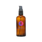 Amber glass pump bottle for cosmetic packaging with black spray lid, logo on front