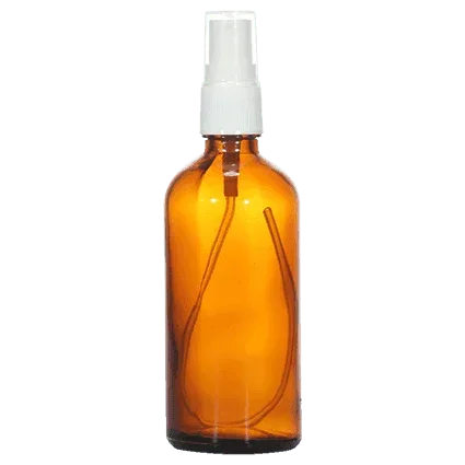 Amber glass spray bottle with white plastic atomizer for cosmetic packaging