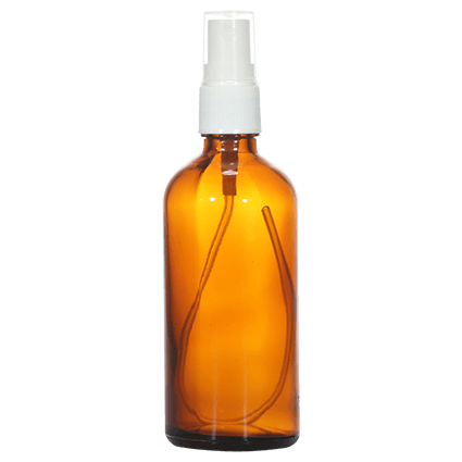 Amber glass spray bottle with white plastic nozzle for cosmetic packaging