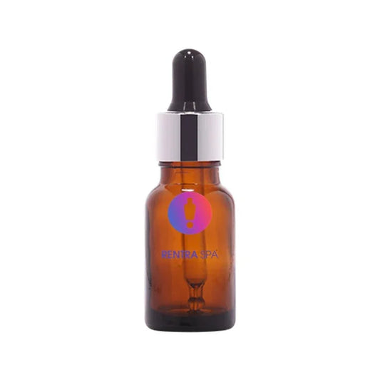 Amber glass dropper bottle with silver cap for cosmetic packaging on white background.