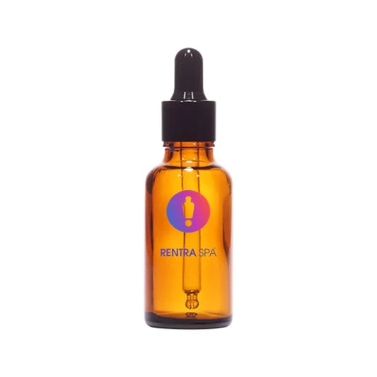 Amber glass dropper bottle with black cap and logo, ideal for cosmetic packaging