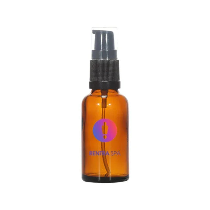 Amber glass pump bottle for cosmetic packaging with a black spray top