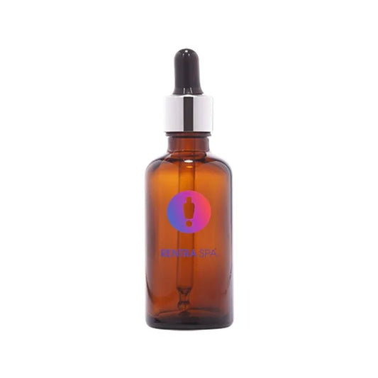 Amber glass dropper bottle with silver cap for cosmetic packaging on white background