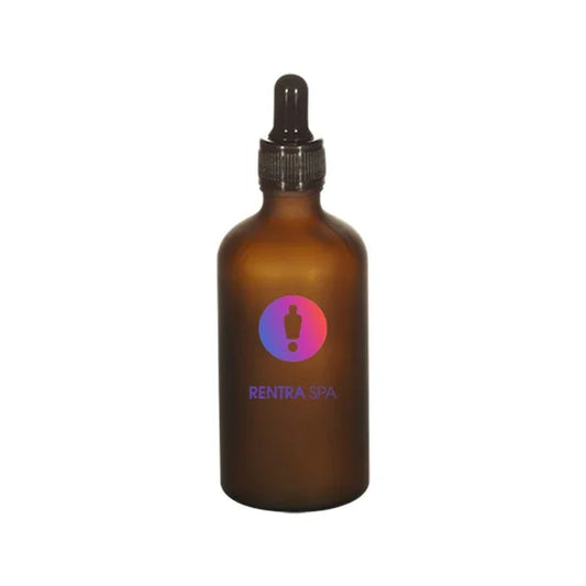 Amber glass dropper bottle for cosmetic packaging, with RENTRASPA™ logo on front