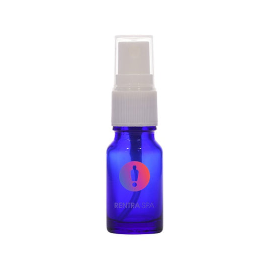 Blue glass cosmetic spray bottle with white plastic mist pump