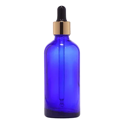 Blue glass dropper bottle with gold cap for cosmetic packaging