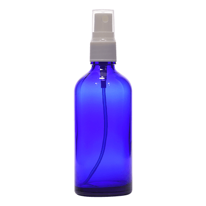 100ml blue glass spray bottle with white plastic pump for cosmetic packaging