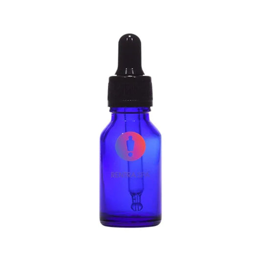 Blue glass dropper bottle with black cap for cosmetic packaging, isolated on white background