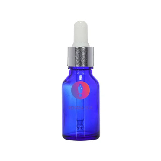 Blue glass dropper bottle with silver cap, ideal for cosmetic serum packaging