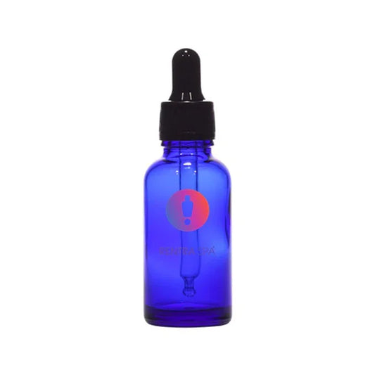 Blue glass dropper bottle with black cap for cosmetic packaging
