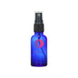 Blue glass cosmetic spray bottle with black pump and clear cap, ideal for packaging.