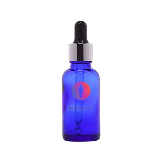 Blue glass dropper bottle with silver cap for cosmetic serum packaging