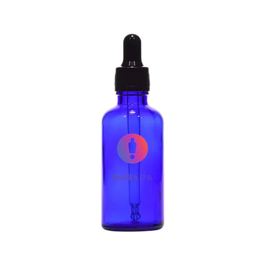 Blue glass dropper bottle with black cap for cosmetic packaging, isolated on white