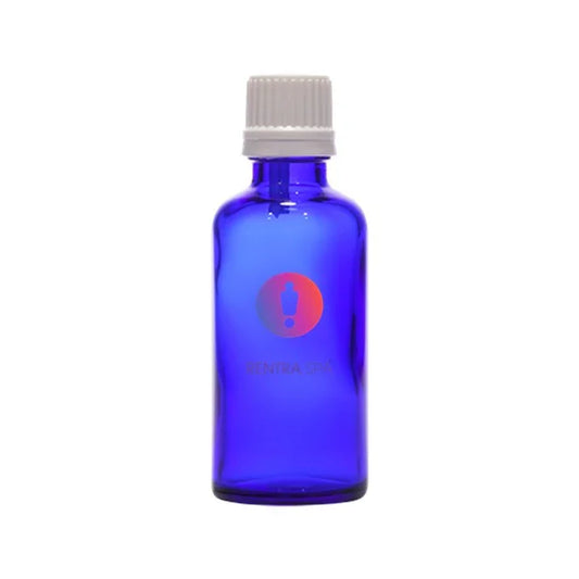 Blue glass cosmetic bottle with white screw cap for skincare or essential oils