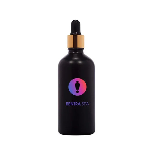 Matte black glass dropper bottle with gold cap for cosmetic packaging, RENTRASPA™ logo